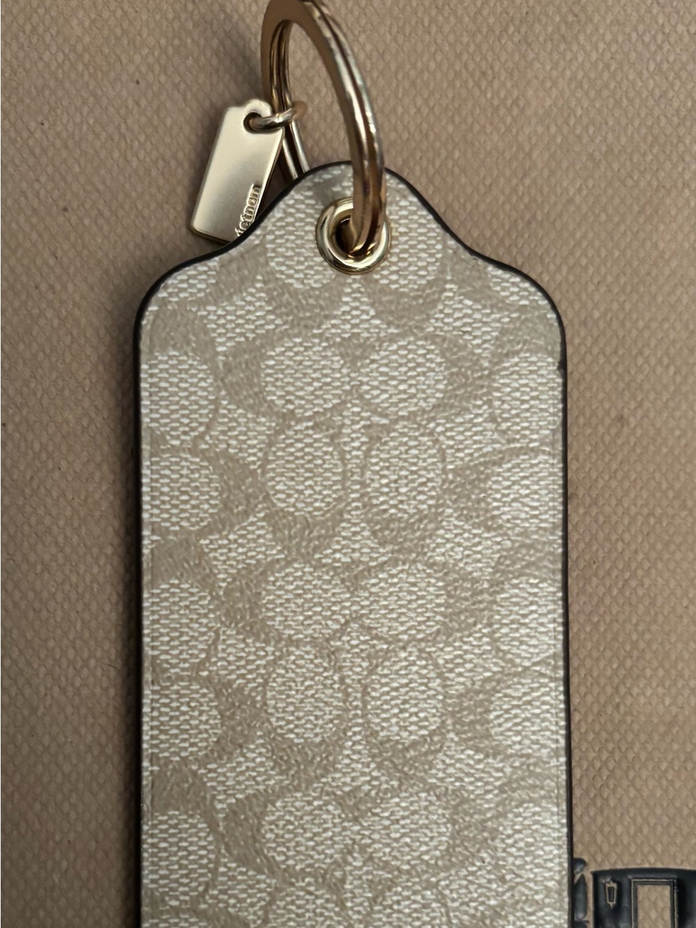 Coach Beige Signature Pattern Key Tag with Gold Hardware - Picture 2 of 3